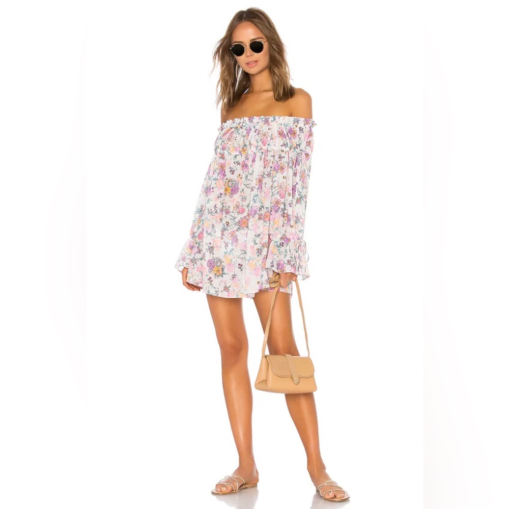 Tularosa White Pink Pastel Floral Off the Shoulder Brogan Mini Dress